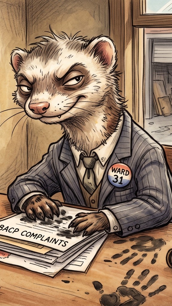 Cartoon Felix the ferret in a Ward 31 suit, paws on a stack of BACP complaints