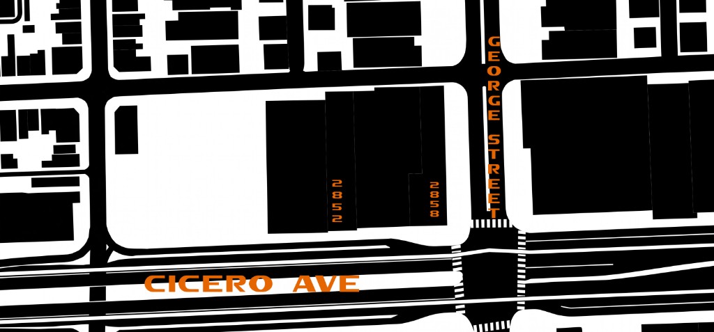 Back Alley Area: Cross-Parcel Activity and Documentation Map. Parcels at George Street and Cicero Avenue, with 2852 and 2858 marked.